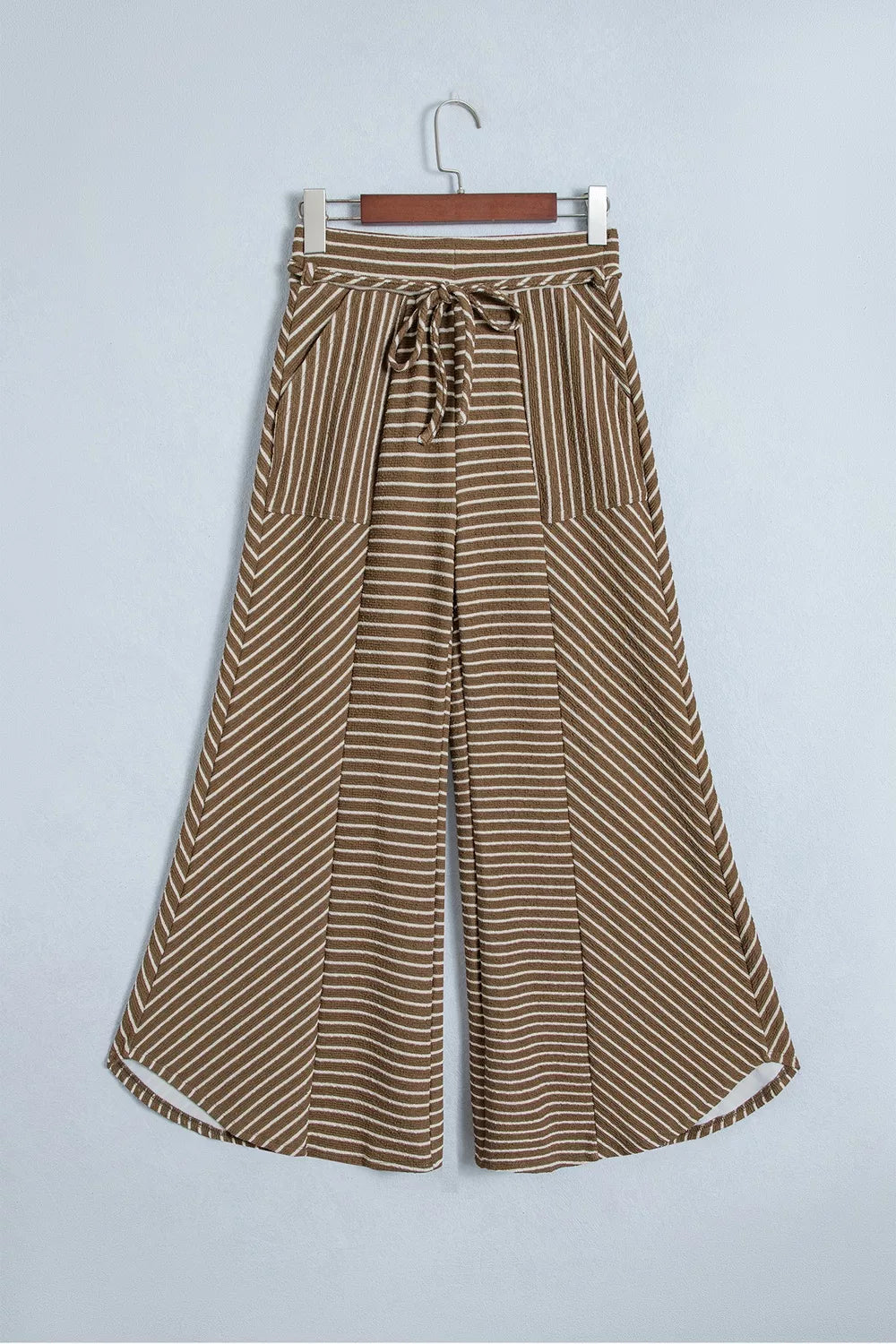 Stripe patchwork wide-leg casual pants by Trendsi featuring a colorful patchwork design and relaxed fit.