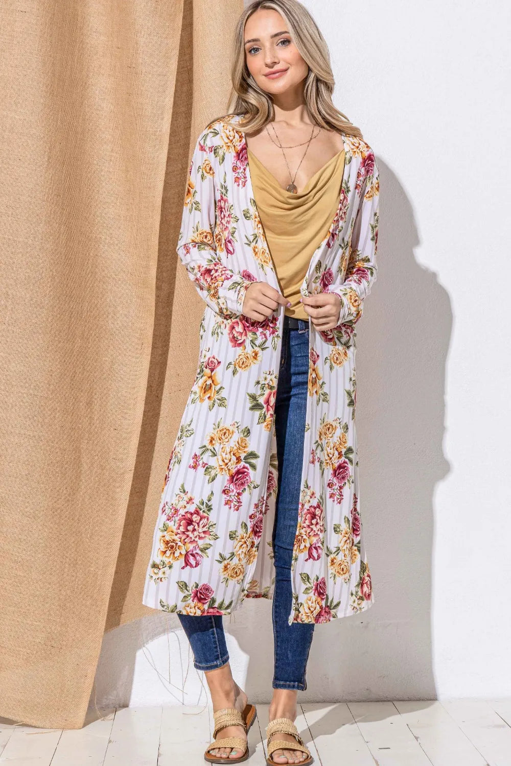 Burgundy stripe floral kimono longline cardigan