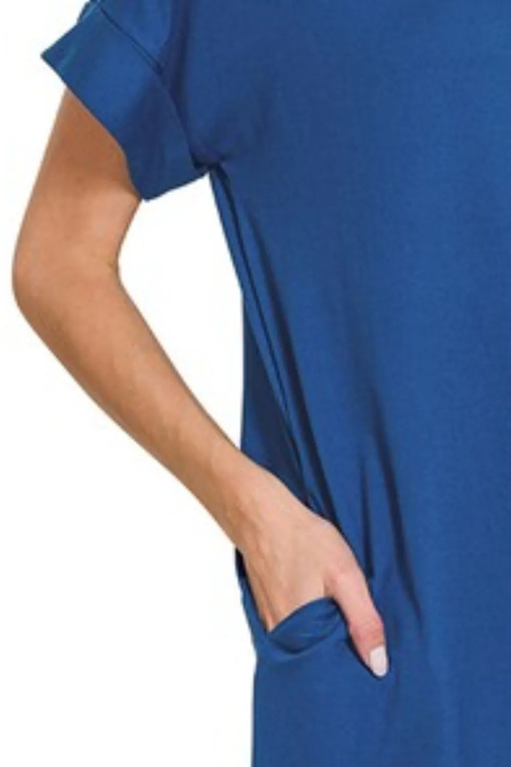 Zenana rolled short sleeve round neck dress in soft fabric, displayed on a hanger with a neutral background.