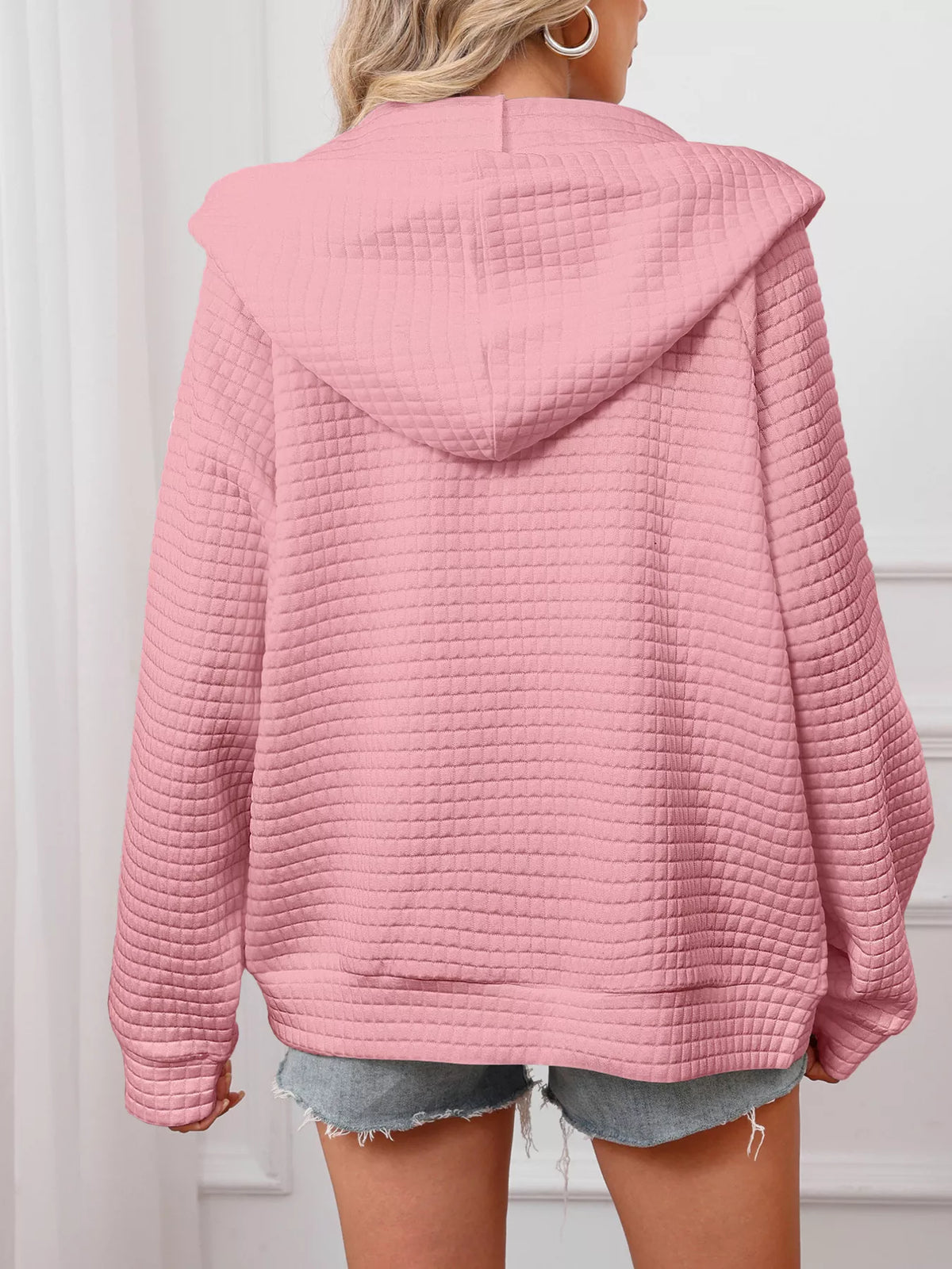 Plus size textured quilted zip-up hooded jacket, view 11