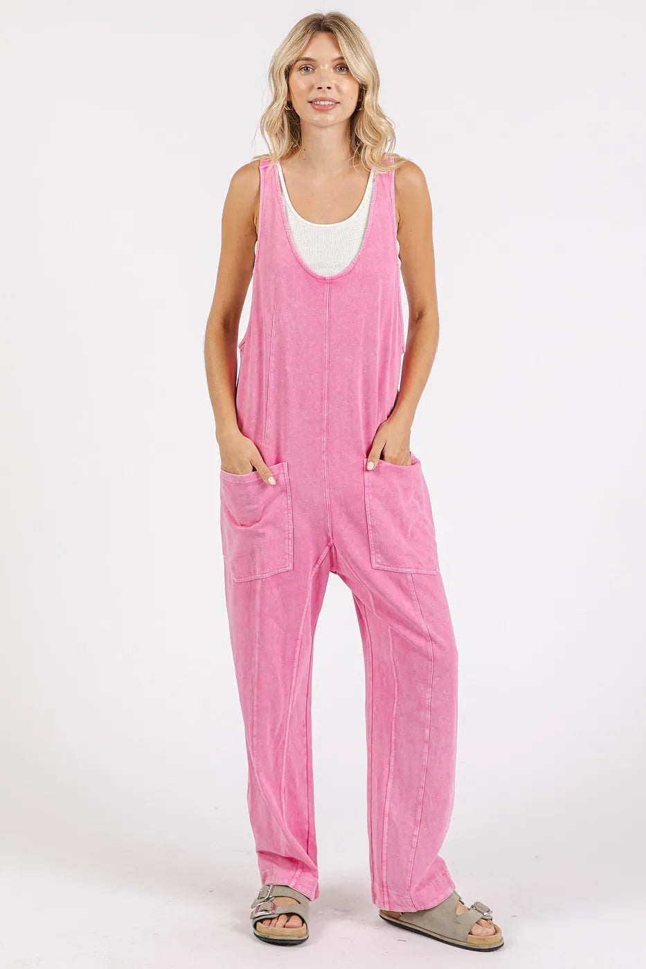 Mineroshop Mineral Wash Relaxed Fit Sleeveless Harem Jumpsuit by Trendsi, showcasing the soft fabric and relaxed style.