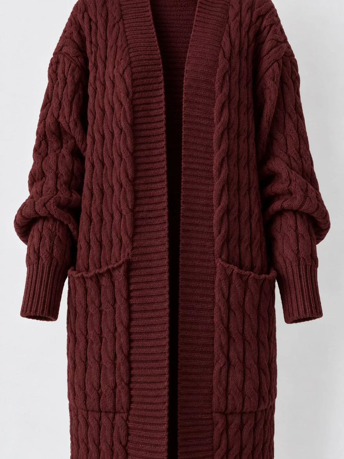 Cable knit longline open-front cardigan, view 35