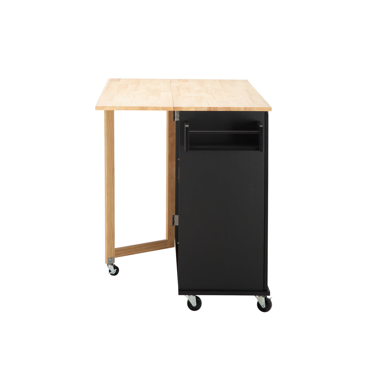 Black Rolling Kitchen Island with Extendable Rubber-Wood Top