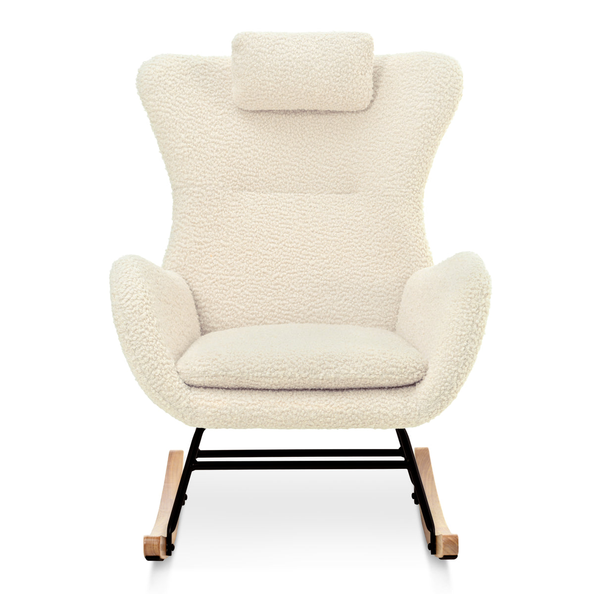Beige Upholstered Rocking Chair with Adjustable Headrest & Side Pocket