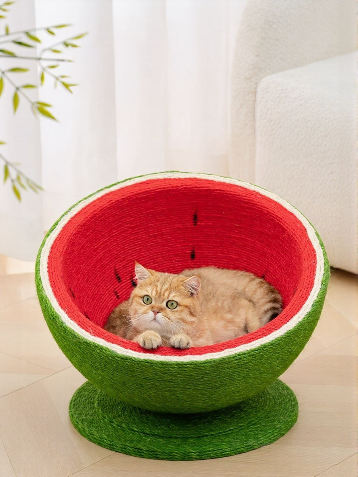 Watermelon-shaped cat scratching post nest from Trendsi with plush green exterior and cozy interior for cats.