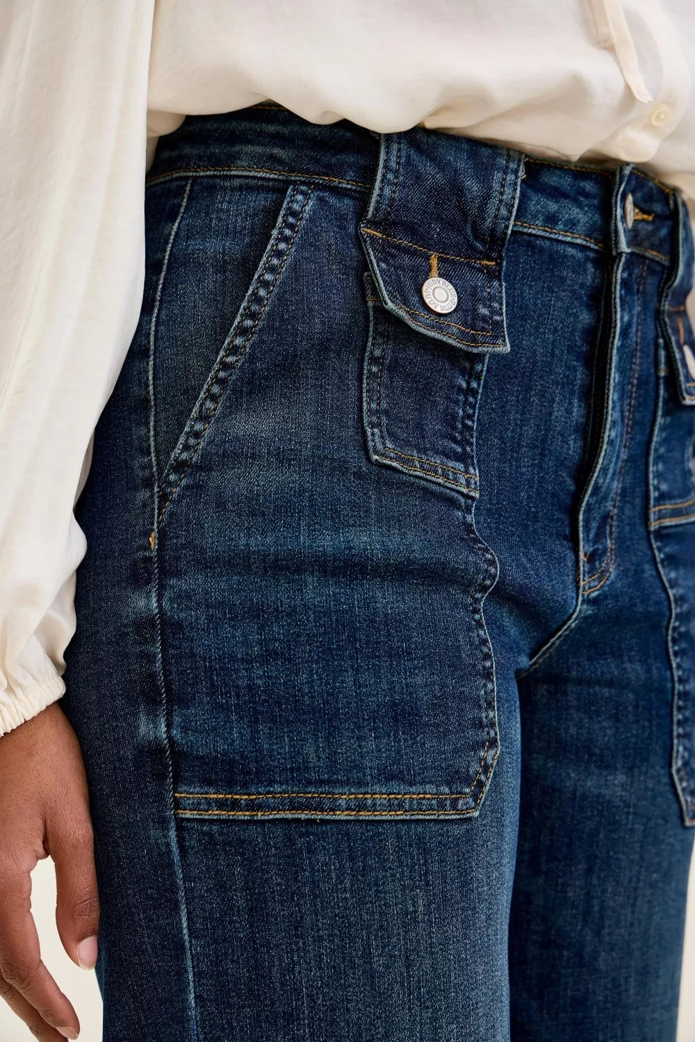 Trendsi Judy Blue high waist wide crop utility jeans with patch pockets, featuring a stylish and casual denim look.