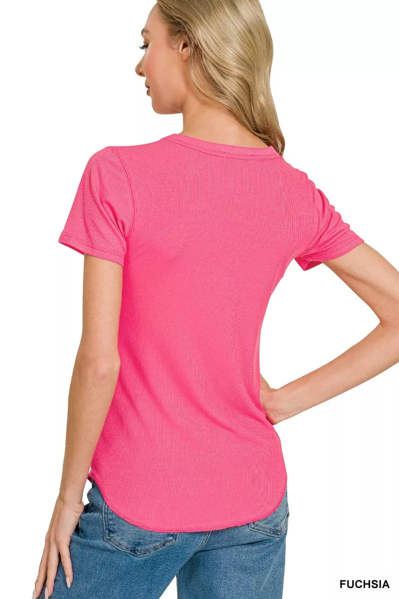 Black Zenana ribbed curved hem round-neck tee with short sleeves, stylish and comfortable for casual wear.