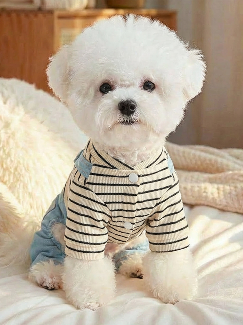 Denim patchwork pet jumpsuit from Trendsi, featuring a stylish design and comfortable fit for small animals.