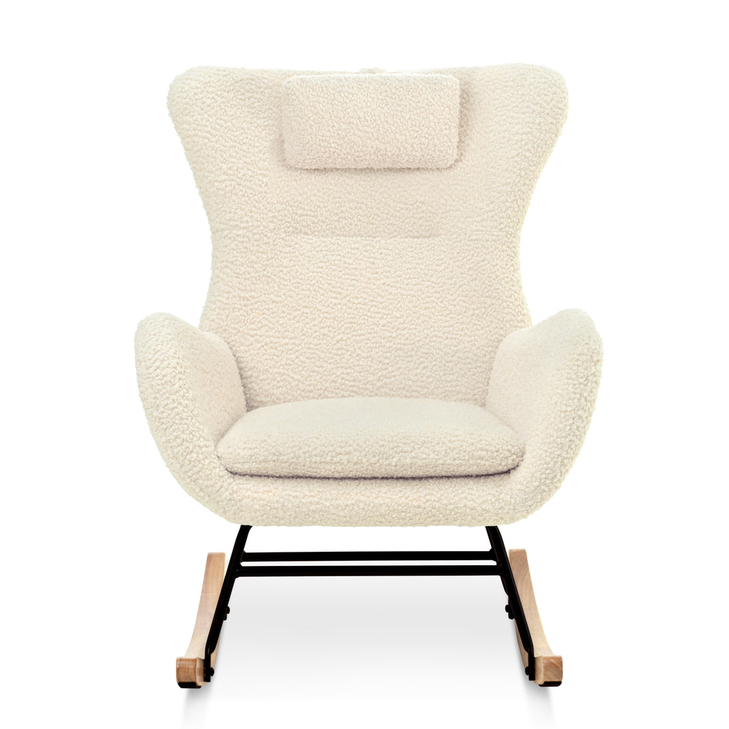 Beige Upholstered Rocking Chair with Adjustable Headrest & Side Pocket