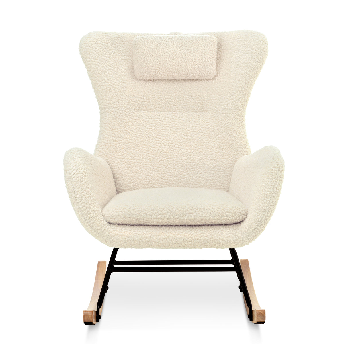 Beige Upholstered Rocking Chair with Adjustable Headrest & Side Pocket