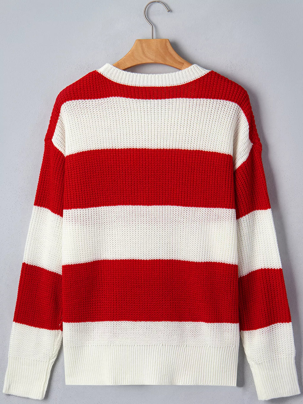 Scarlet striped MERRY Christmas sweater with drop shoulders, view 10