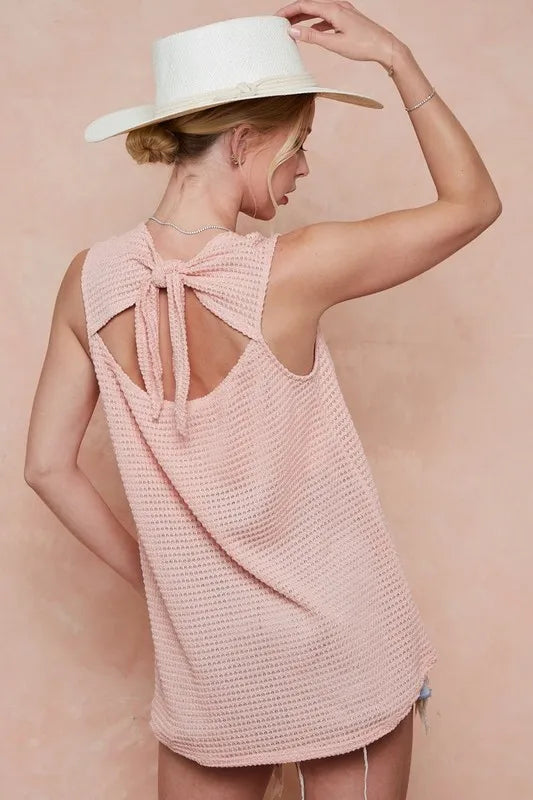 BiBi Popcorn waffle open back top with tied ribbon, trendy casual blouse in soft fabric, stylish for everyday wear