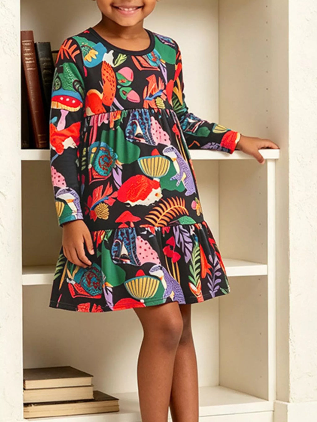 Children's forest animal print long-sleeve dress by Trendsi featuring a charming woodland scene on soft fabric.