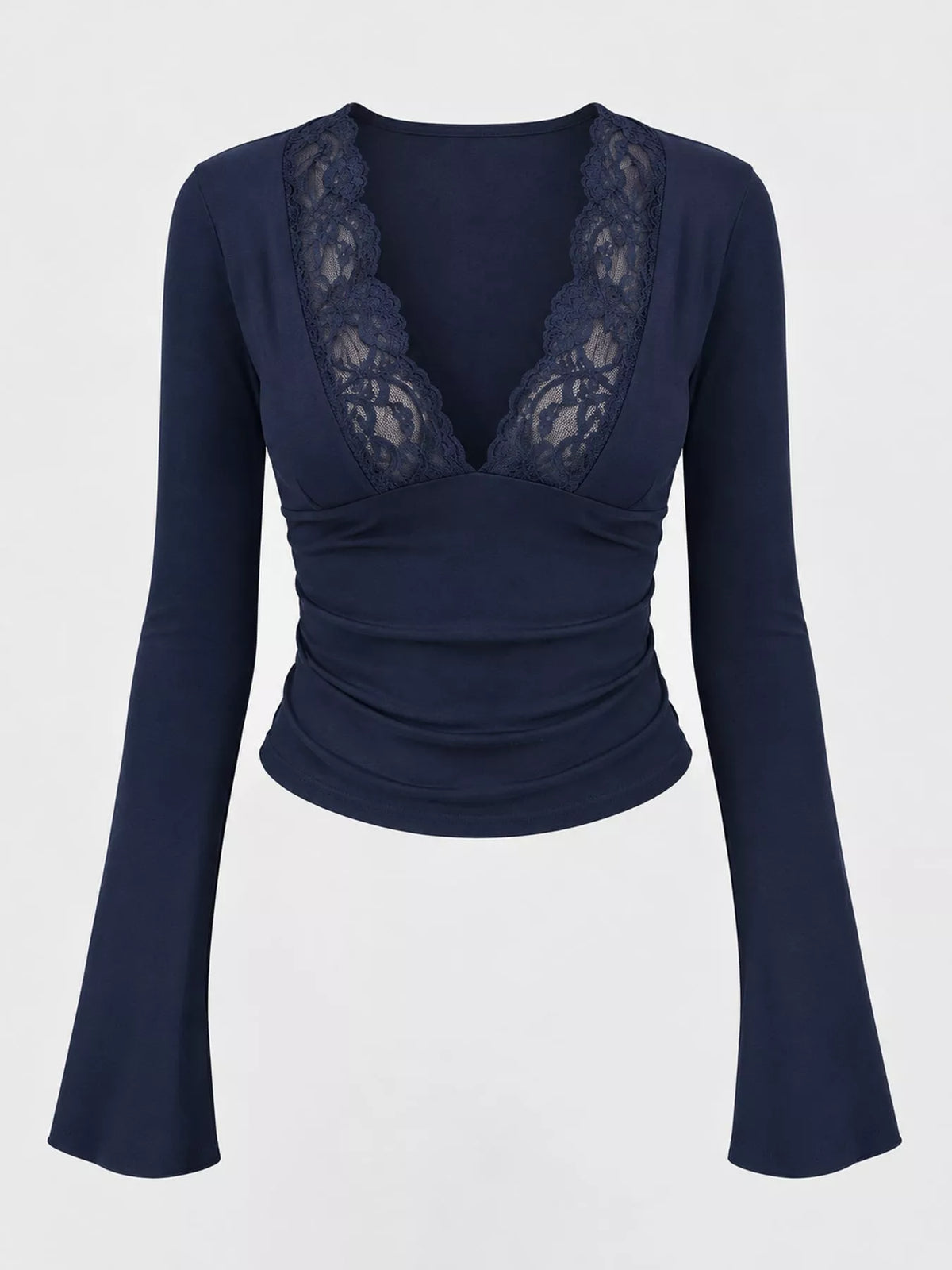 Lace trim v-neck long sleeve slim fit T-shirt from Trendsi featuring a stylish design and comfortable fit.