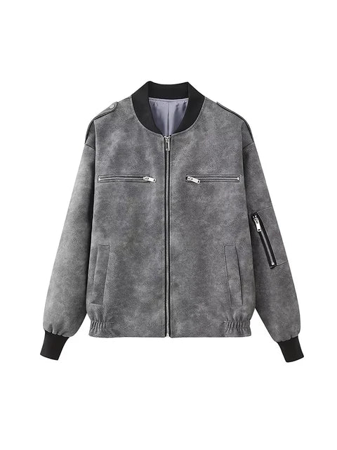 Autumn Faux Leather Bomber Jackets for Women Zipper Cropped Coat Woman Long Sleeve Streetwear Y2K Women's Jacket