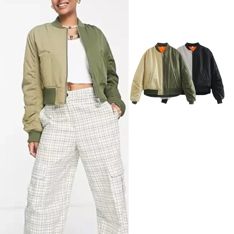 Women's Jacket Fashion Patchwork Bomber Jackets For Women Coat Autumn With Pockets Long Sleeve New in Outerwears