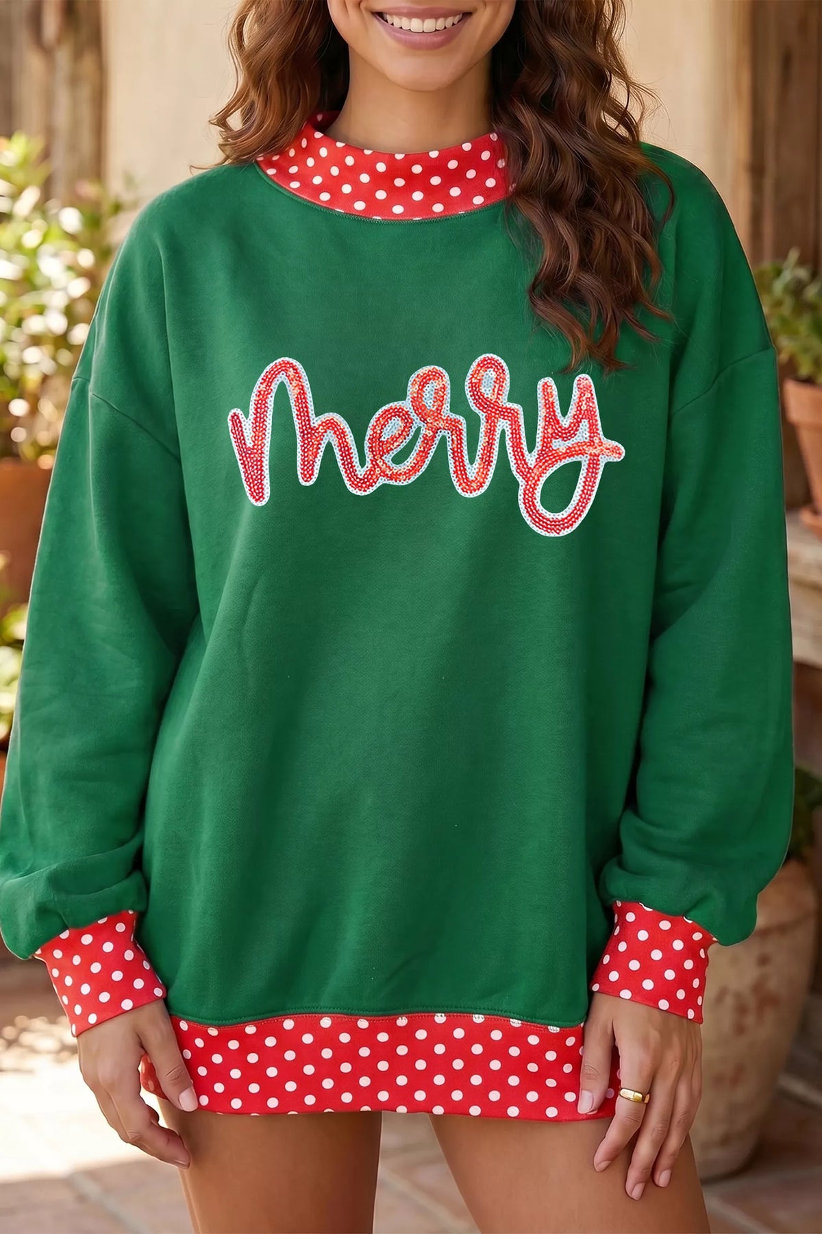 Dark green tunic sweatshirt with sequin MERRY slogan, view 2