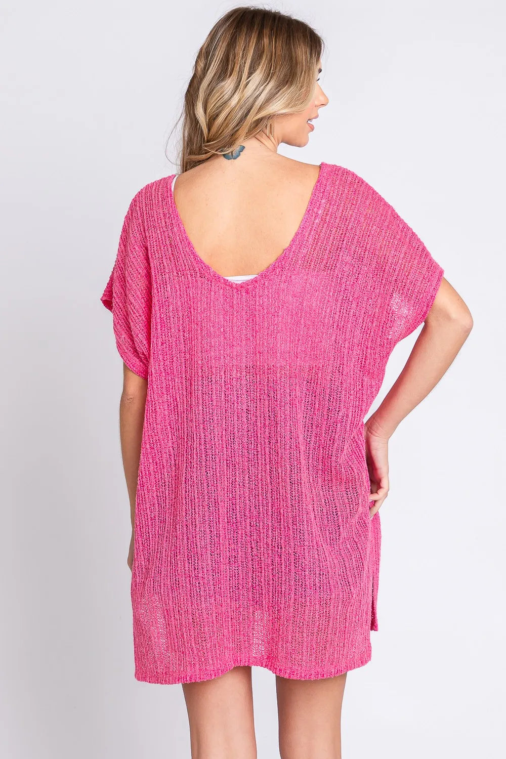 GeeGee short sleeve knit cover-up dress with side slit, featuring a casual, lightweight design perfect for beach or poolside wear.