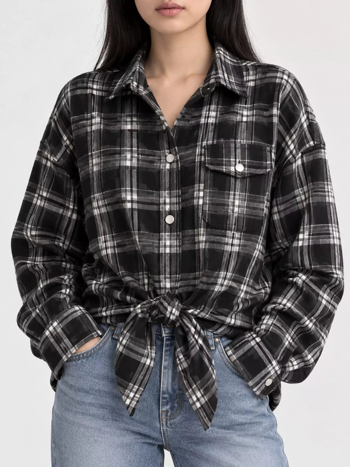 Trendsi plaid button-up shirt featuring a classic checkered design in red, black, and white, displayed on a hanger.