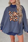 Stripe GAME DAY letter print long sleeve and graphic shorts set by Trendsi, featuring bold stripes and sporty design.