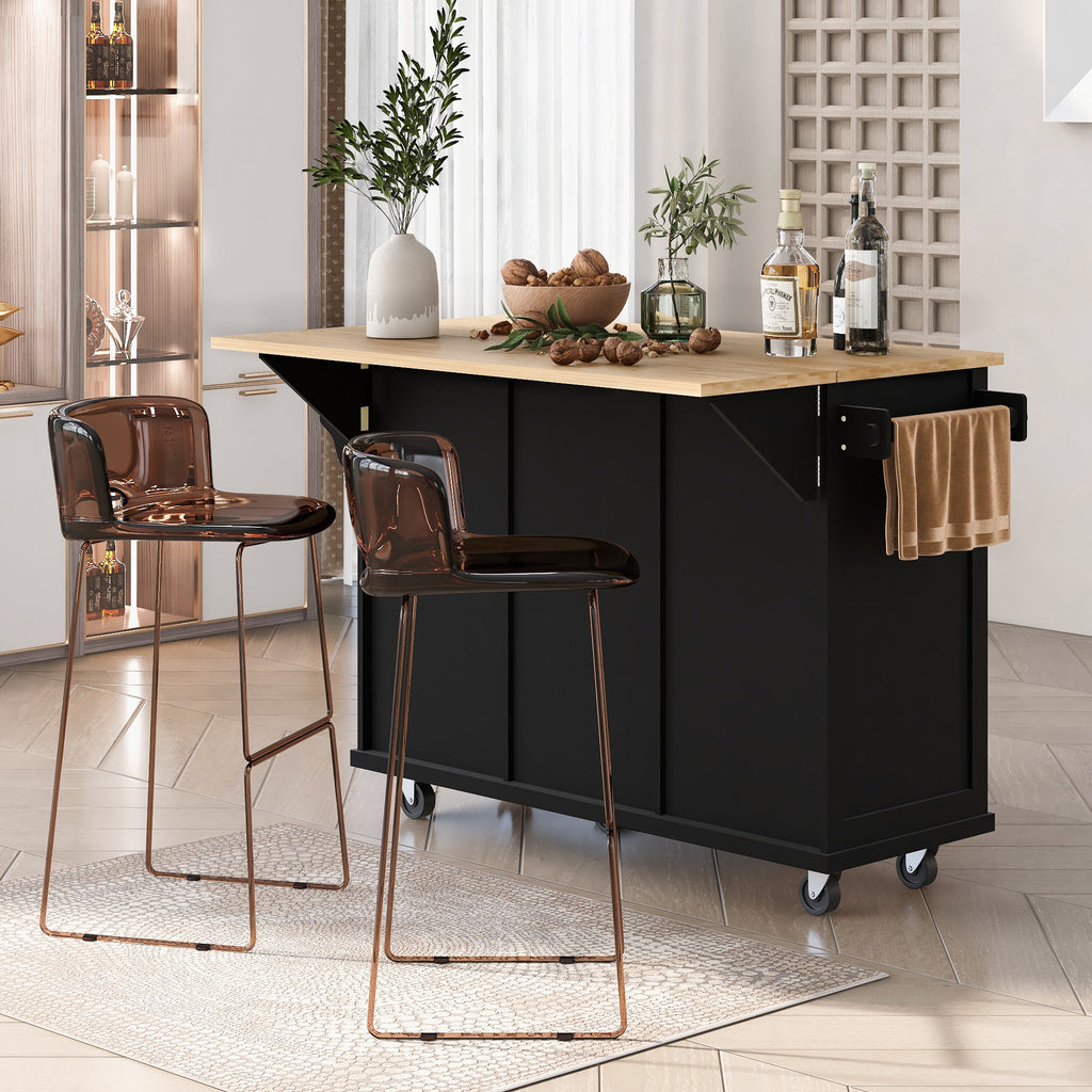 Black Rolling Kitchen Island with Drop-Leaf Top & Storage