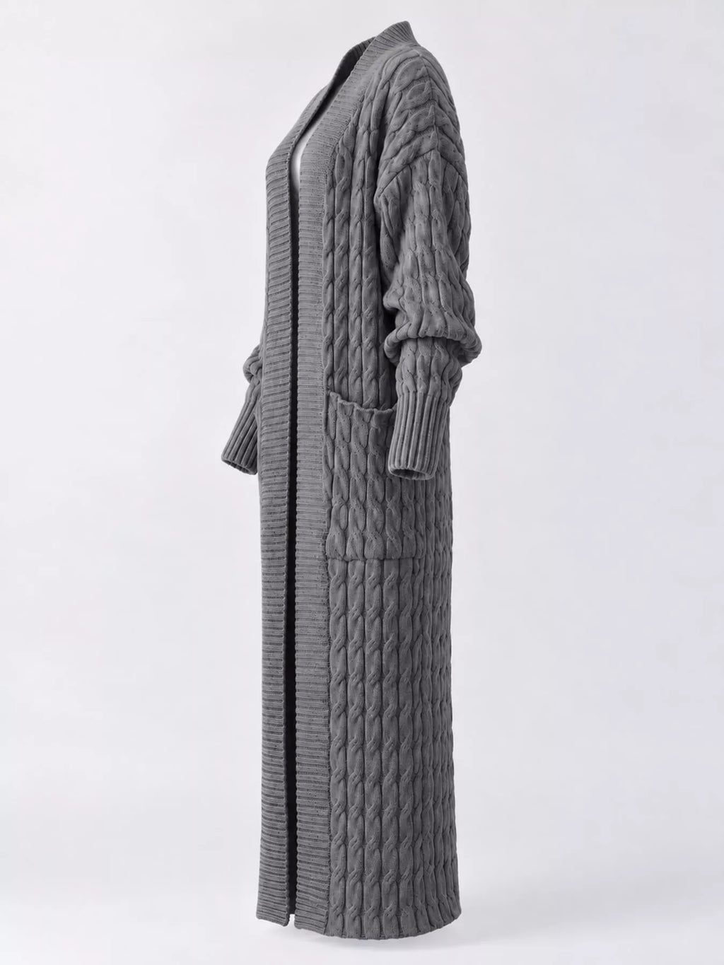 Cable knit longline open-front cardigan, view 5
