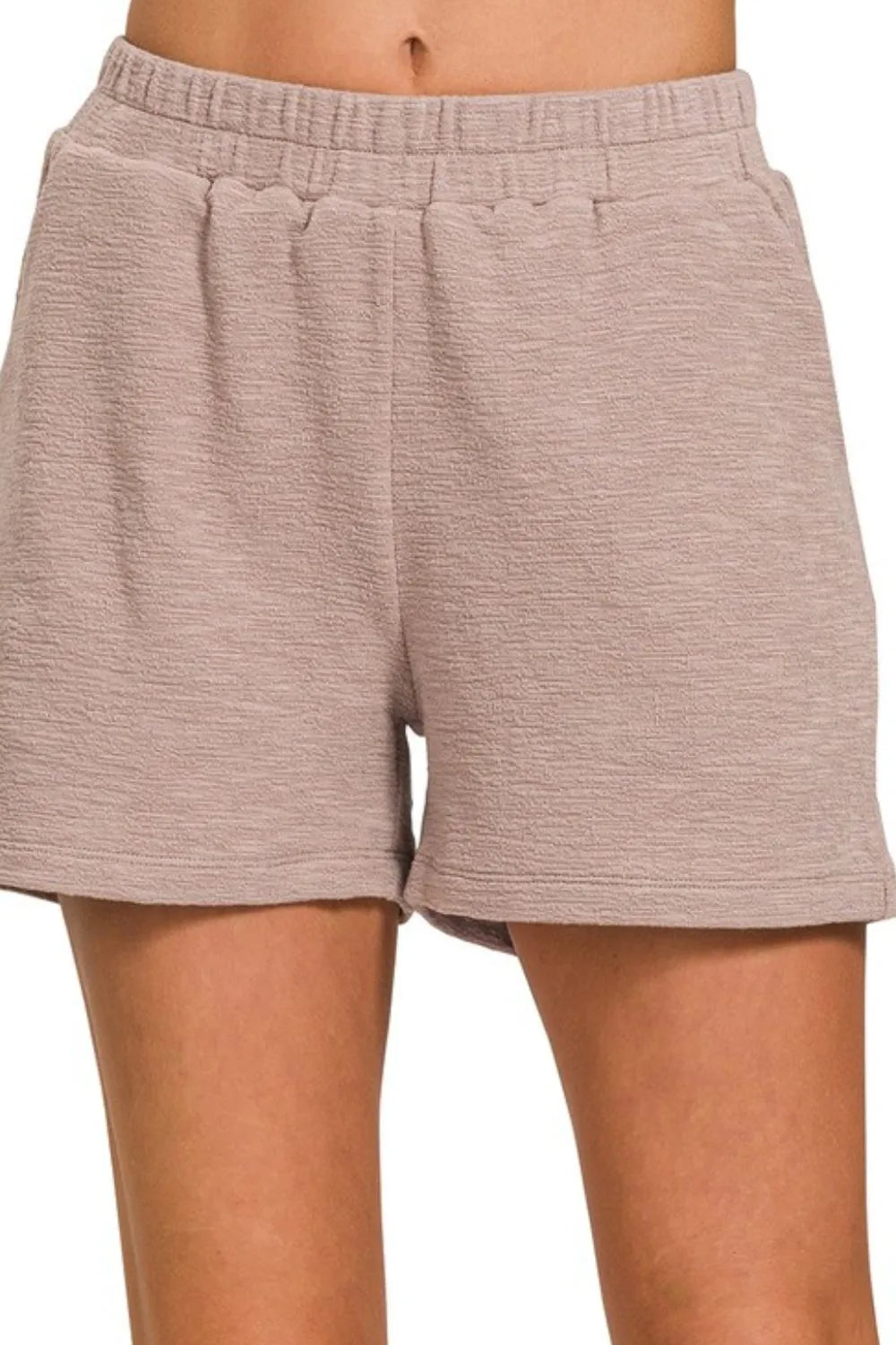 Cotton slub shorts by Zenana, featuring a relaxed fit and casual style, shown in a natural beige color.