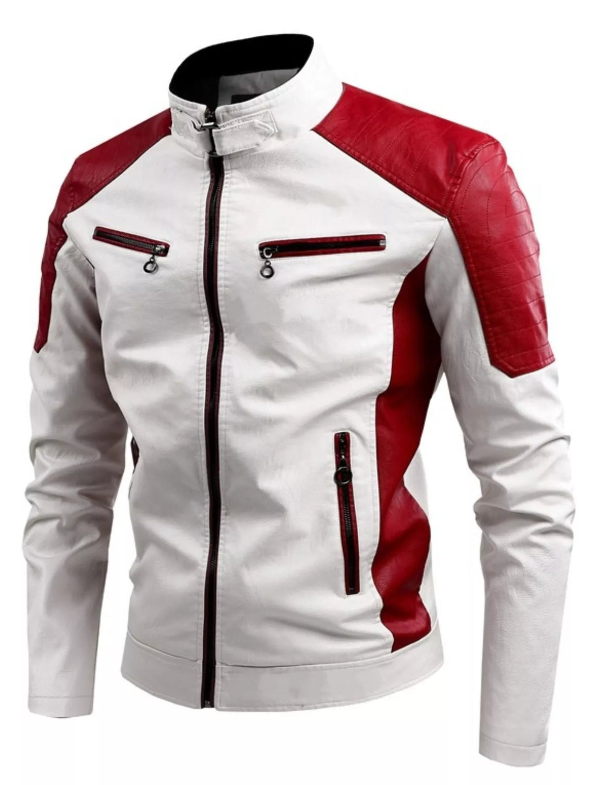 Men's two-tone faux leather motorcycle jacket, view 4