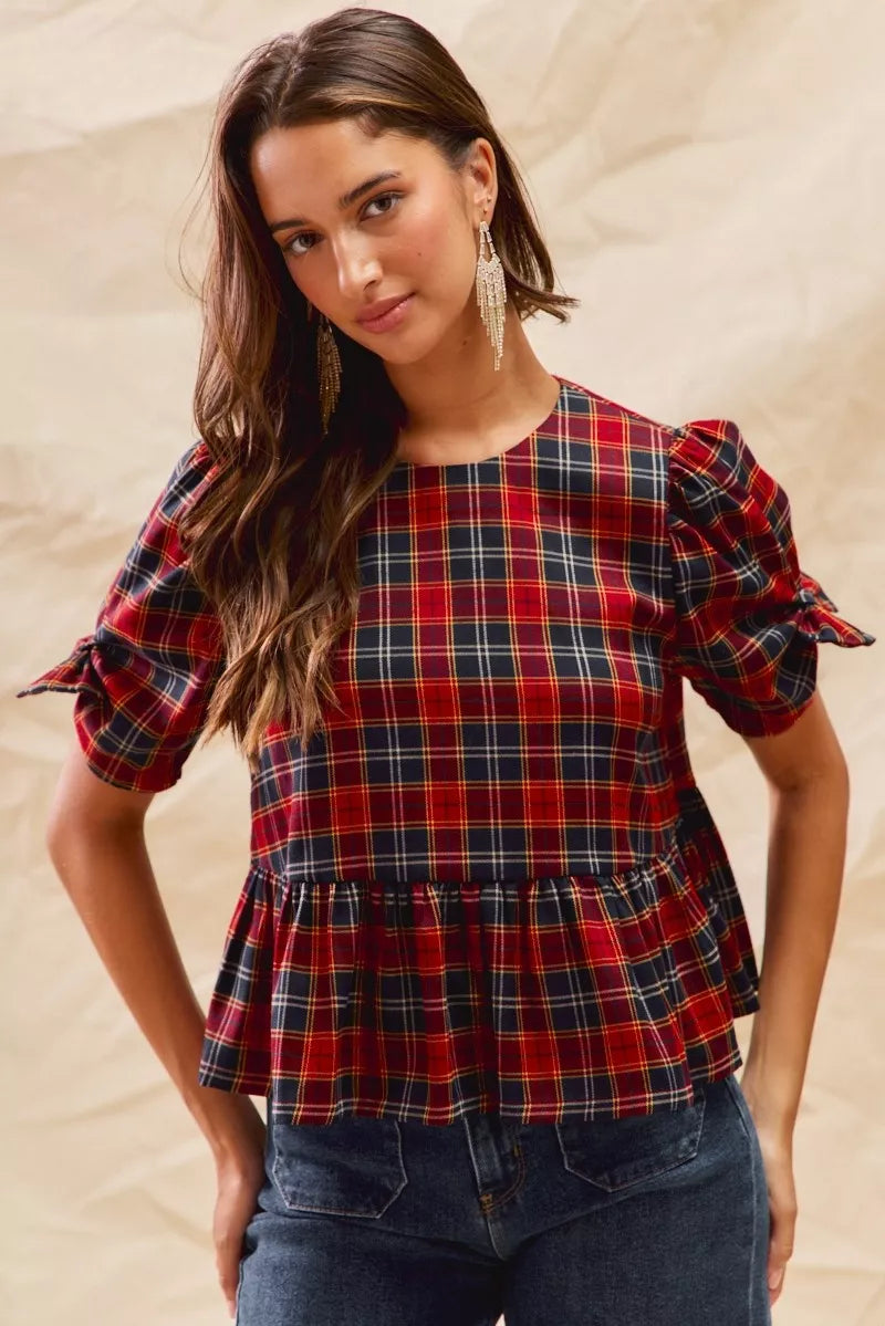 Red Christmas plaid ribbon short sleeve top