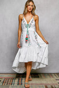 Trendsi POL embroidered detail tassel tie smocked waist midi tiered cami dress with floral embroidery and tiered skirt design.