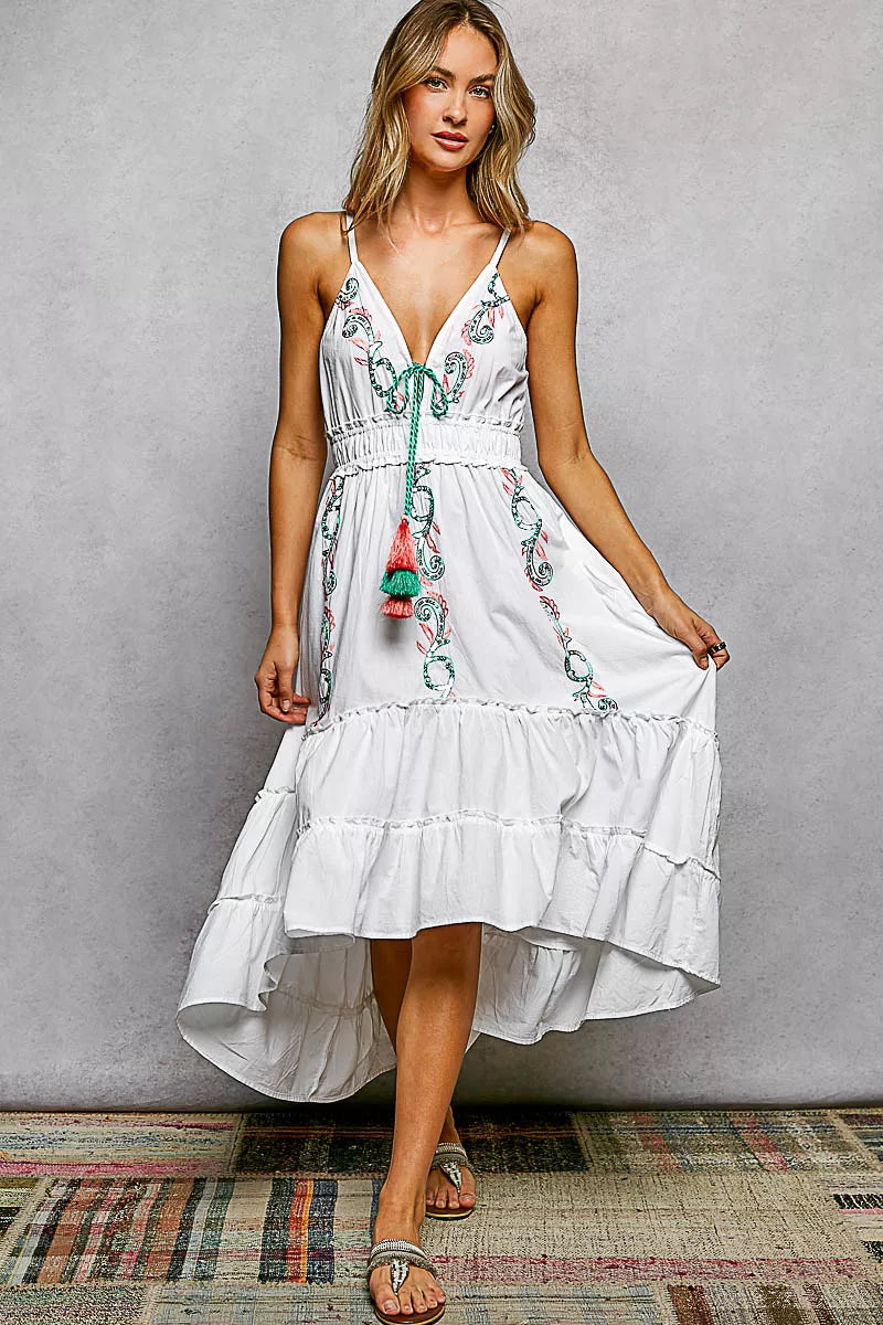 Trendsi POL embroidered detail tassel tie smocked waist midi tiered cami dress with floral embroidery and tiered skirt design.