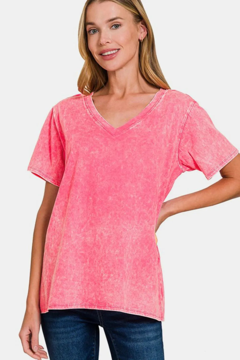 Washed short sleeve V-neck T-shirt from Zenana, size full, in a neutral color, displayed on a hanger with a plain background.