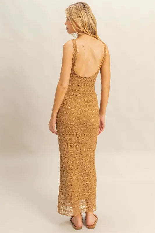 Hyfve sleeveless crochet open-back maxi dress featuring a flowing design and intricate crochet details, perfect for summer occasions.