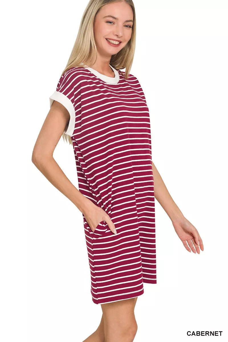 Stripe T-shirt dress by Zenana with contrast trim, featuring a casual fit and striped pattern for a stylish, comfortable look.