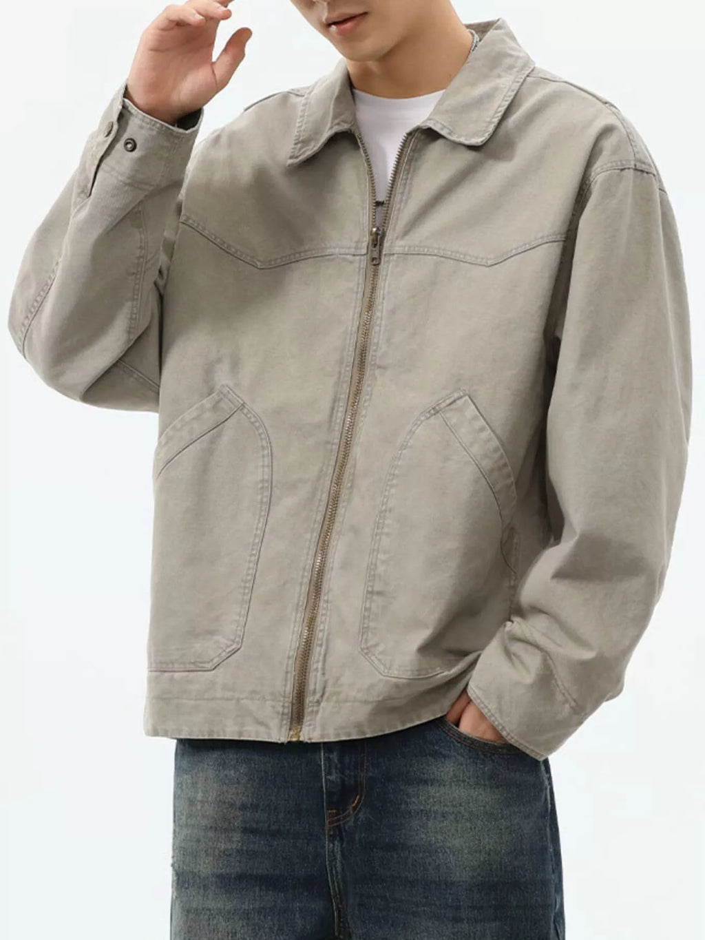 Men's plus size mocha zip-up trucker jacket, view 4