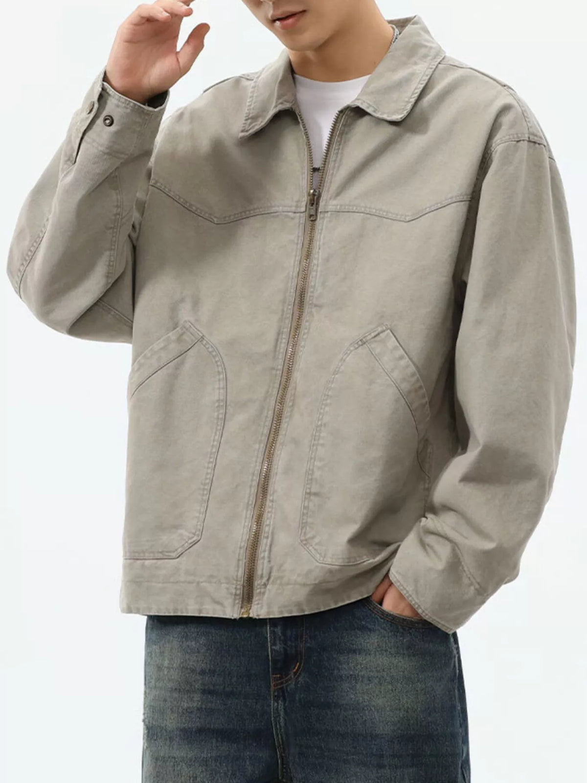 Men's plus size mocha zip-up trucker jacket, view 4