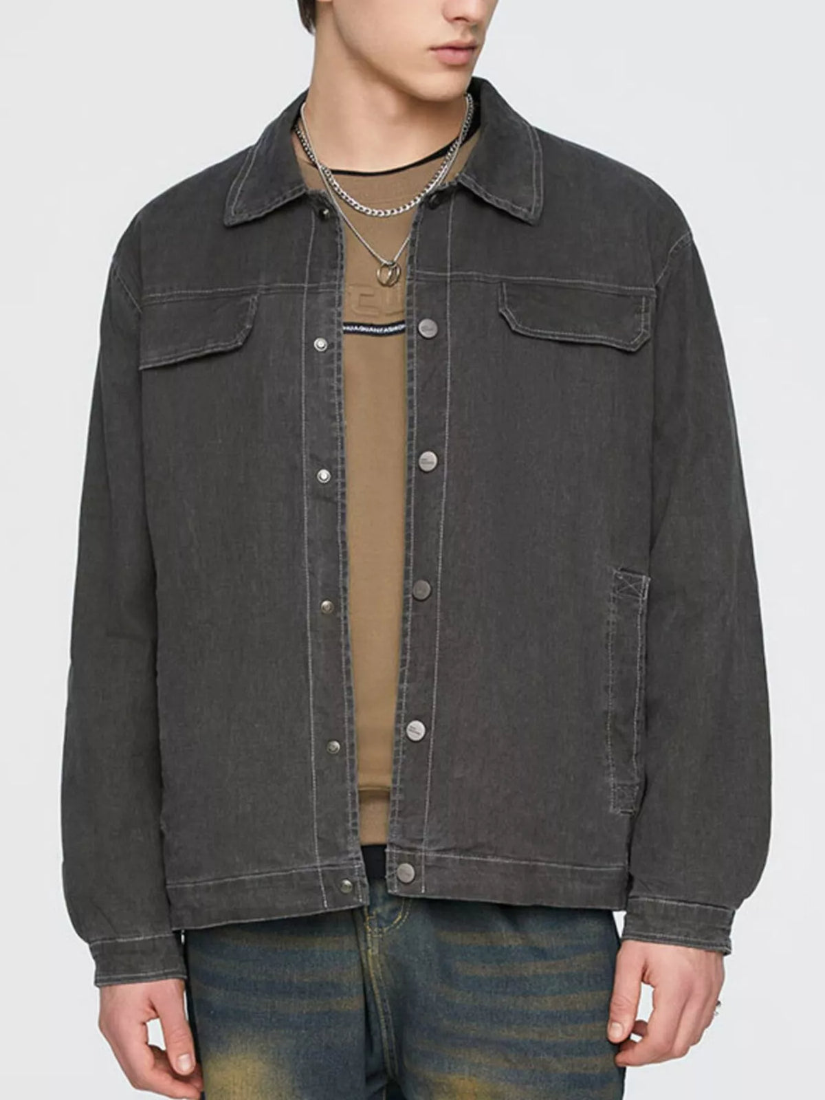 Men's plus size cotton button-up jacket with pockets, view 5