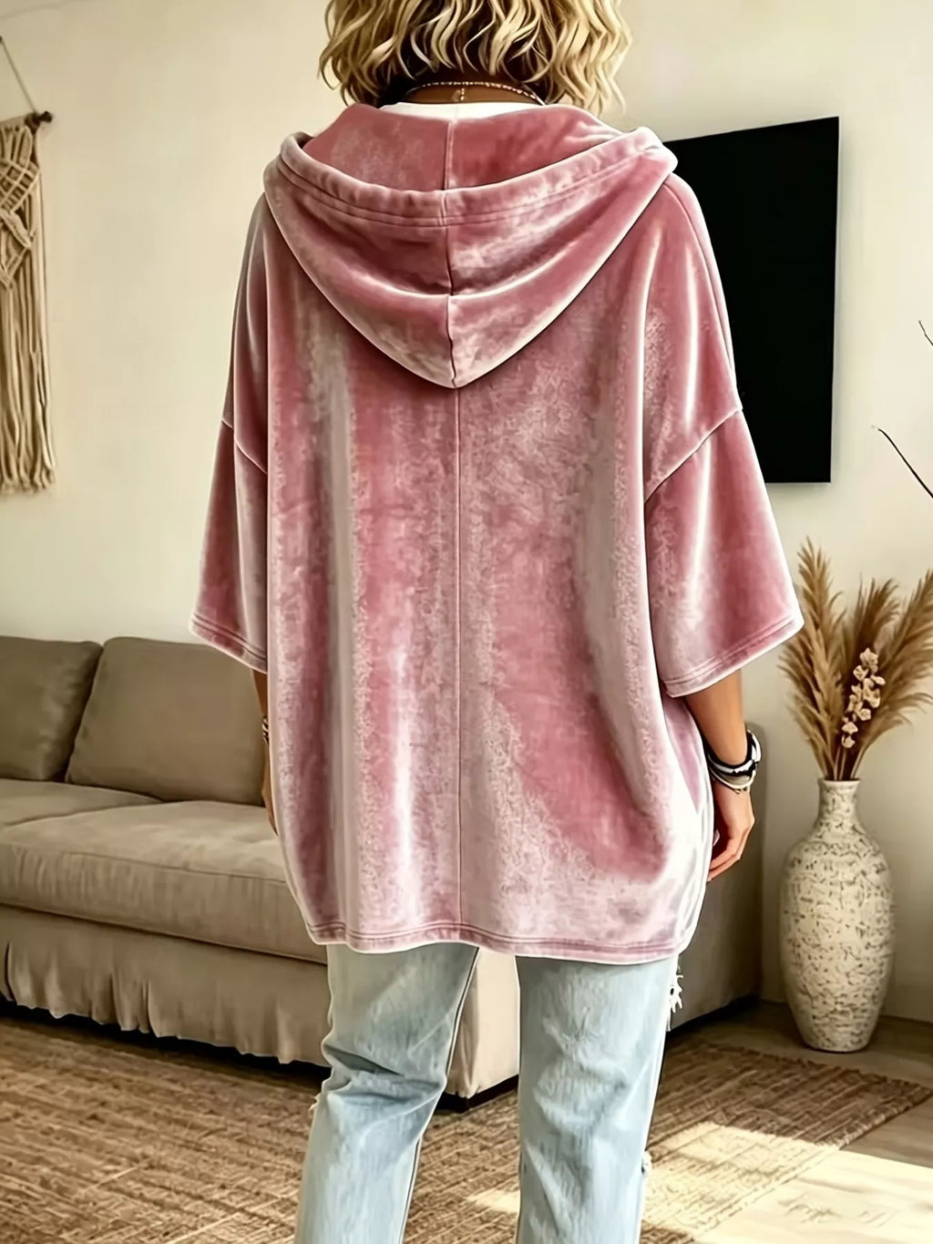 Plus size velvet 3/4 sleeve hoodie with kangaroo pocket, view 2