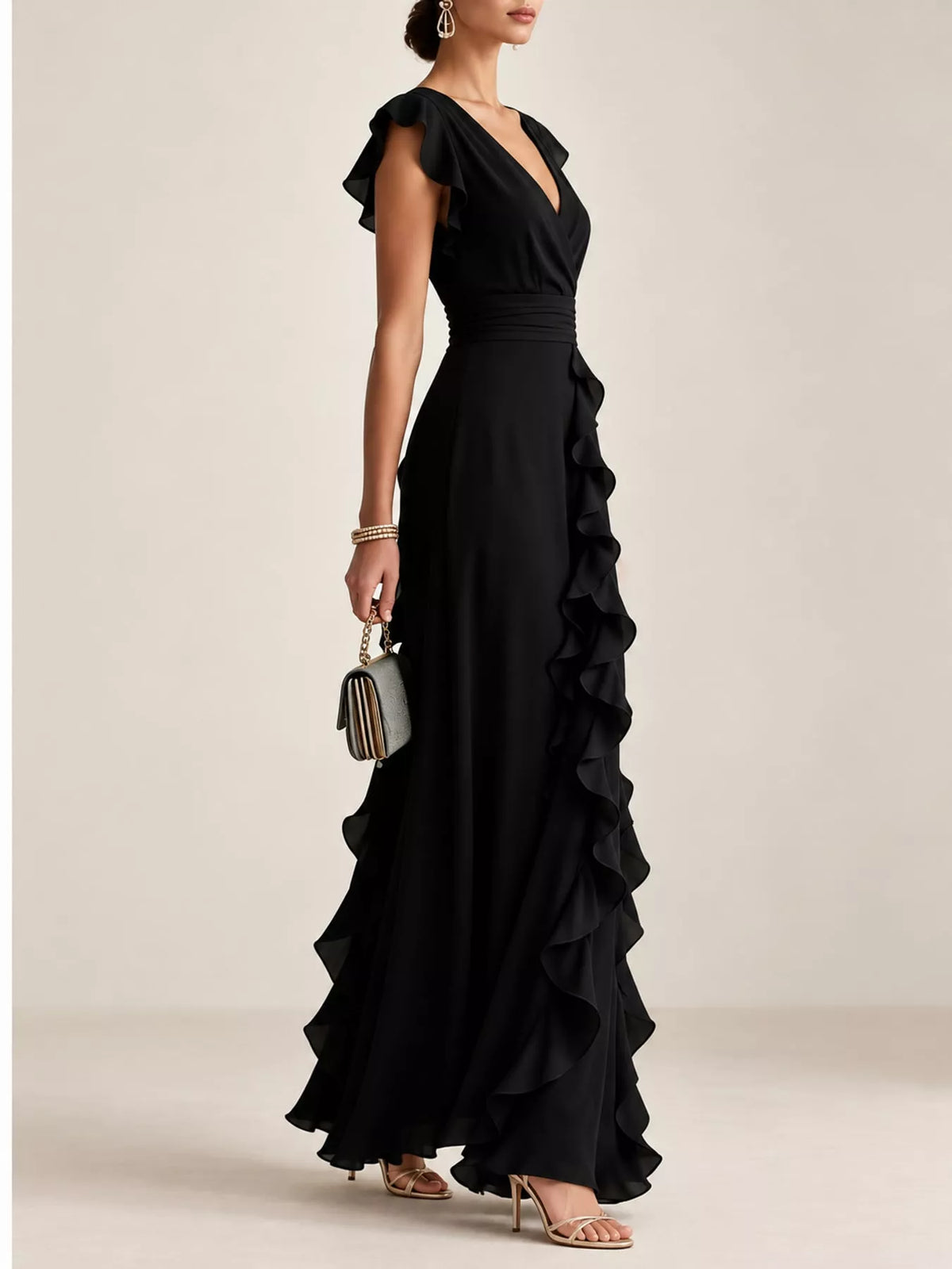 Ruffled surplice sleeveless maxi dress in soft fabric, featuring a flowing design and elegant ruffle details.