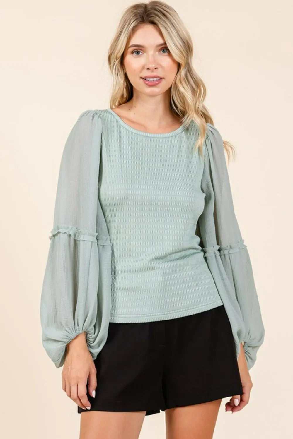 Trendsi Mittoshop mixed media textured knit and chiffon long sleeve top with a stylish, layered design and soft fabric.