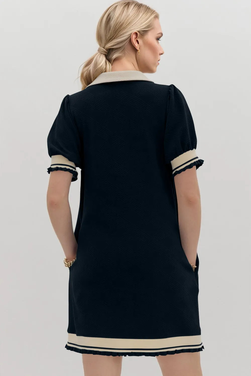 Trendsi Oh Frill Contrast Trim Johnny Collar Short Sleeve Mini Dress with ruffled details and contrasting trim, casual summer style.