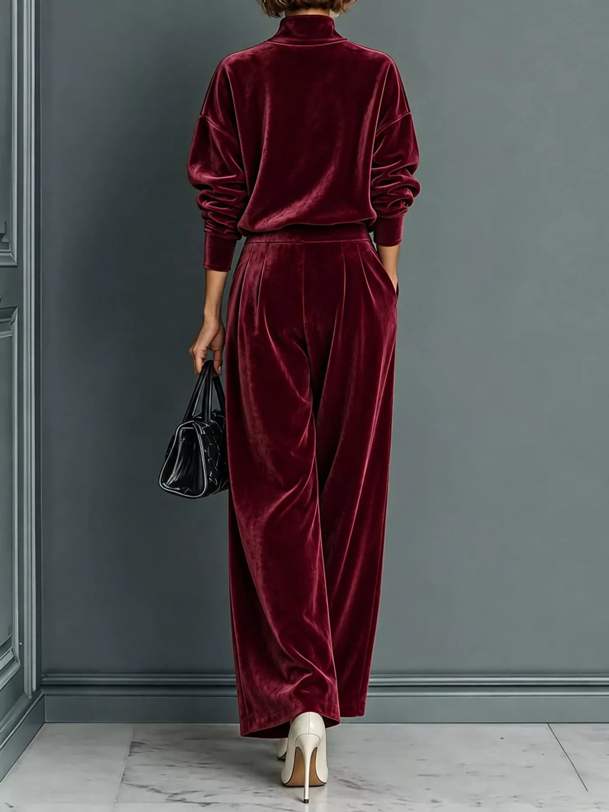 Velvet mock neck long sleeve top and wide-leg pants set by Trendsi, featuring a soft, stylish fabric and modern silhouette.