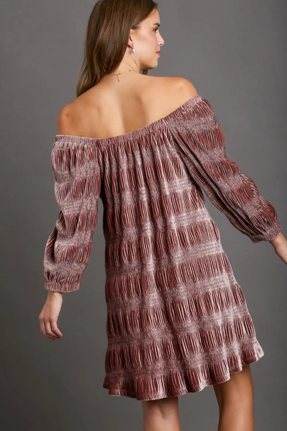 Umgee velvet mini dress with off-shoulder neckline and balloon sleeves, stylish Trendsi fashion for women.