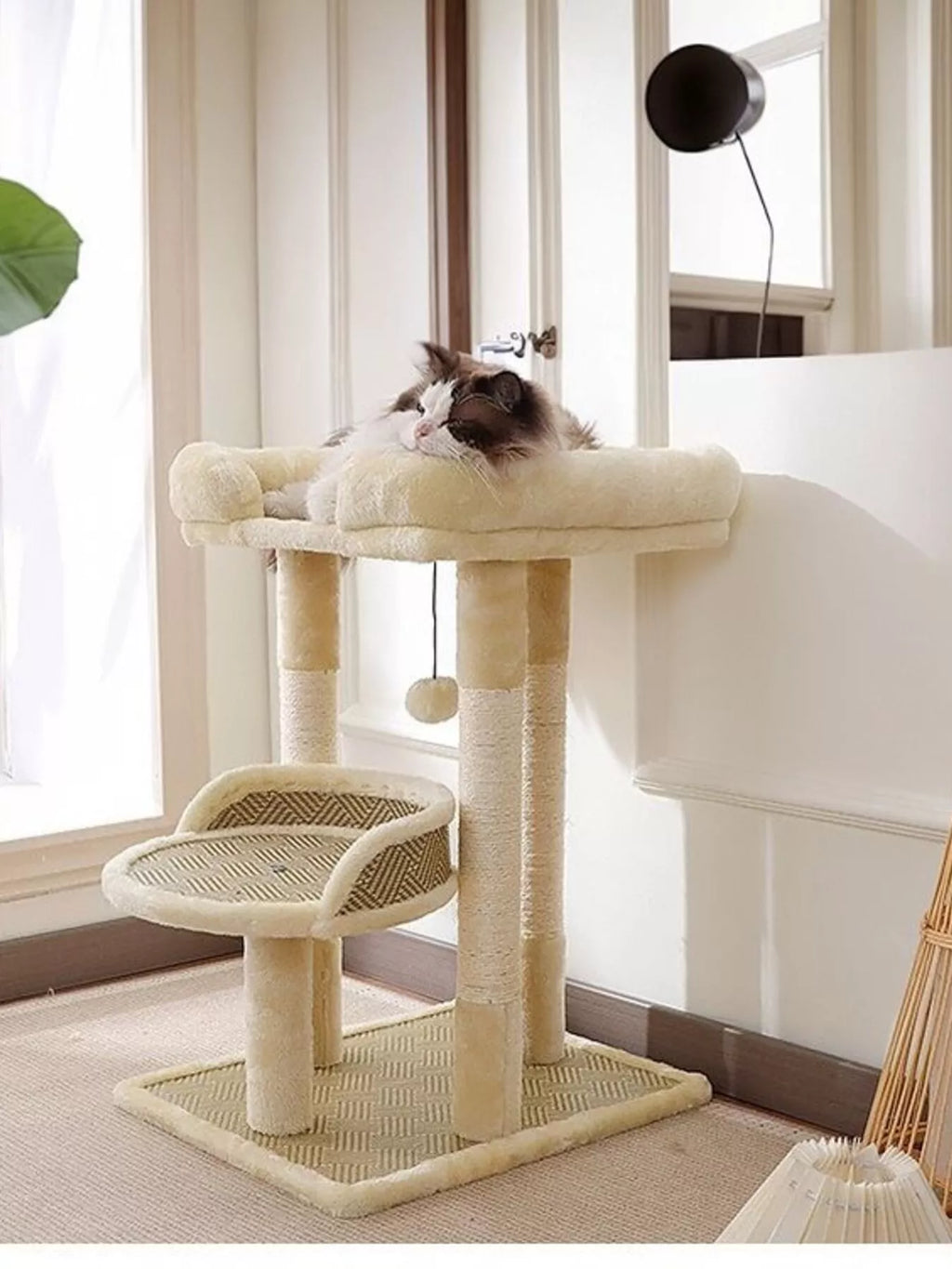 Soft plush cat tree condo with scratching posts and multiple levels for cats to play, perch, and scratch.