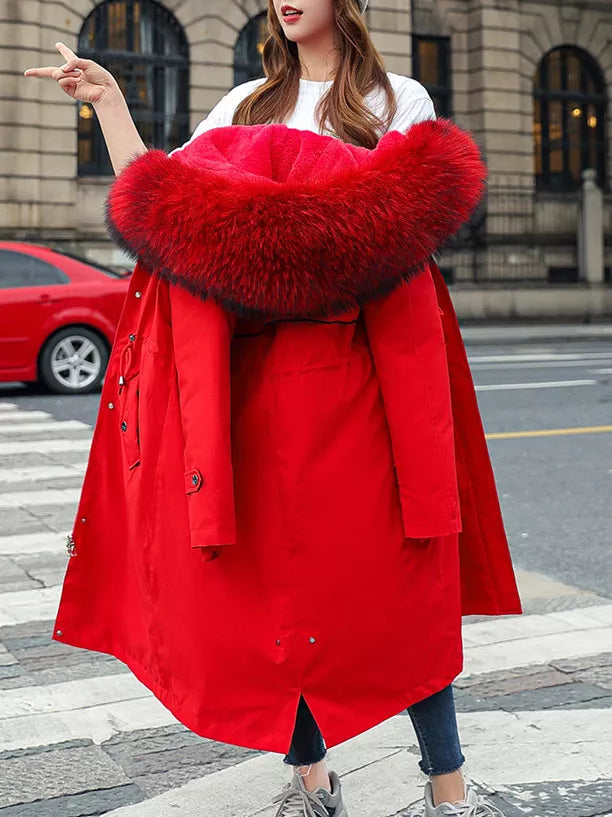 Longline hooded parka with faux fur trim and drawstring waist, view 37