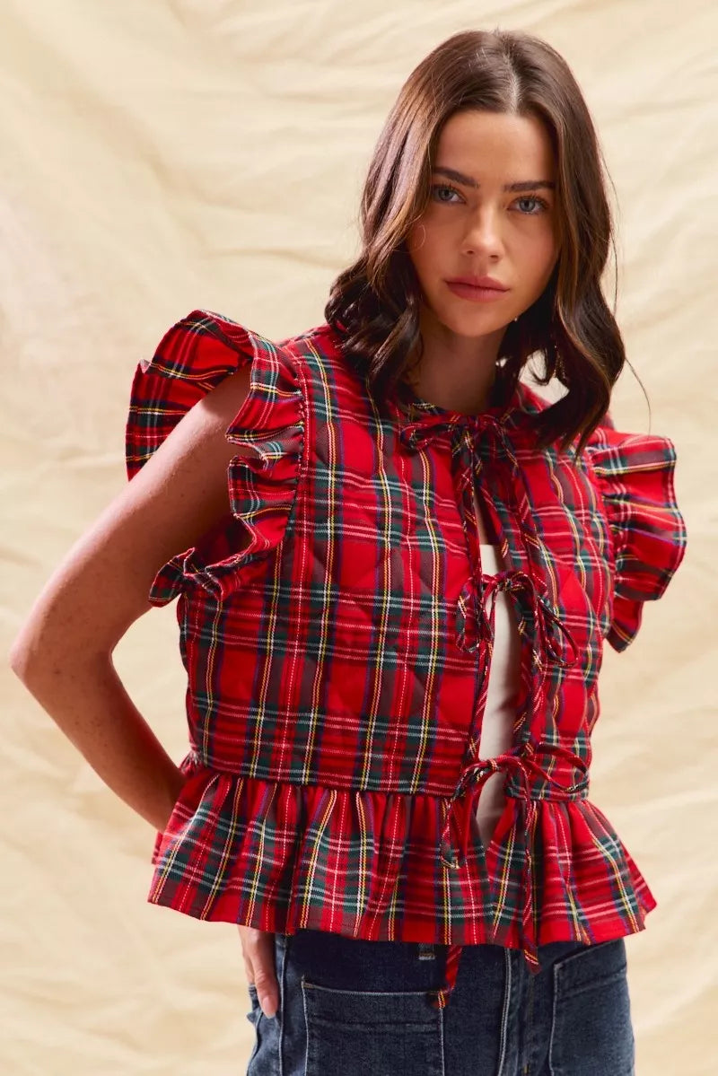 Red plaid ruffled quilted Christmas vest top, view 4
