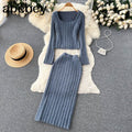 Women Gentle Knitted Two Pieces Suits Soft Sweater Short Top+High Waist Midi Long Skirt Suits Elastic Slim Winter Sets