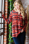 Heimish full-size long sleeve babydoll top with geometric button details, stylish and flowy, in a trendy design.