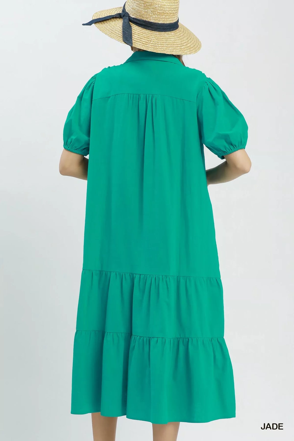 Umgee solid tiered midi dress in soft fabric with a relaxed fit and tiered design, perfect for casual or dressy occasions.