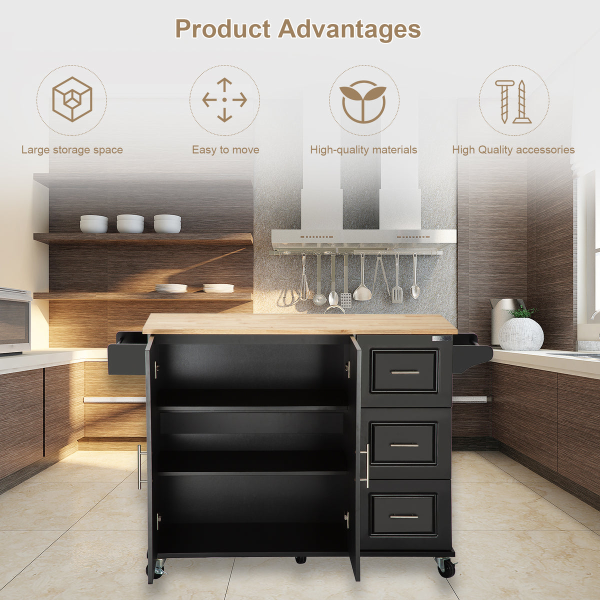 Black Rolling Kitchen Island with Extendable Rubber-Wood Top